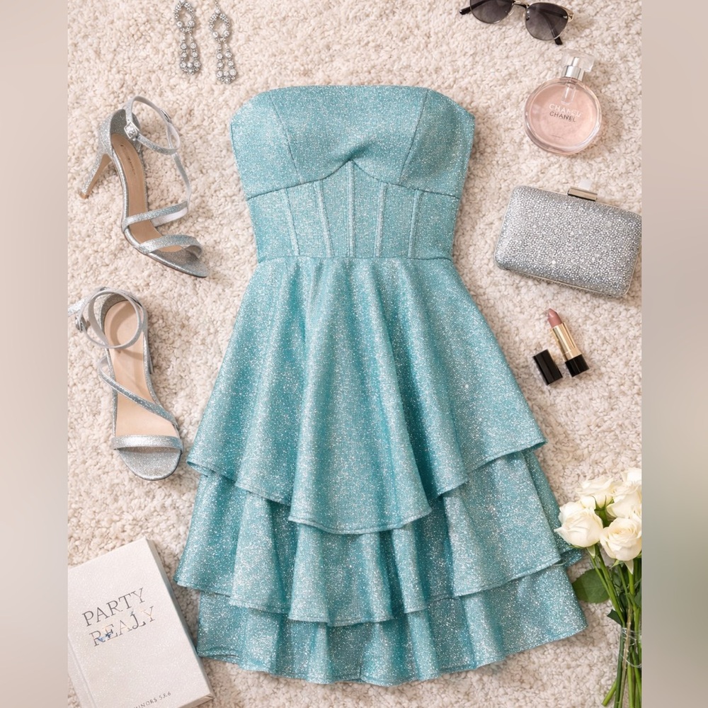 B Darlin Strapless Tiered Shimmer Dress Seafoam Silver 5/6 NWT Party